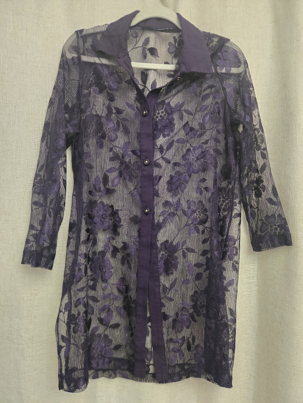 Purple Floral Sheer Mesh Longline Whimsigoth Tunic Blouse Missing Size Tag*